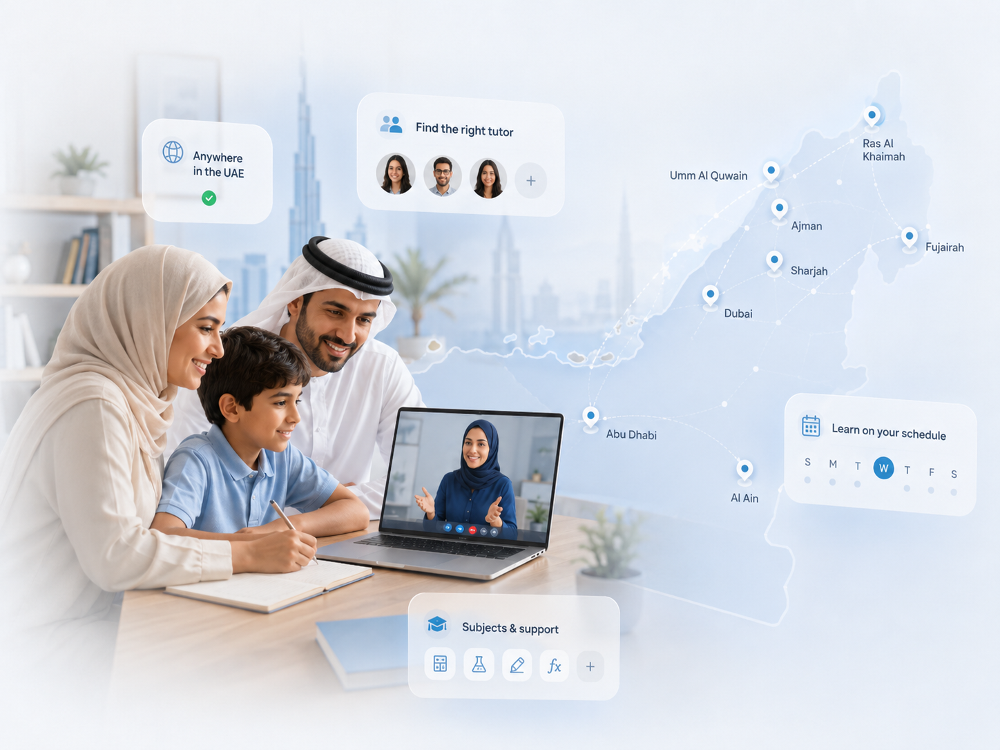 An Emirati family learning online with a tutor, alongside a map of UAE cities served by EduBridge