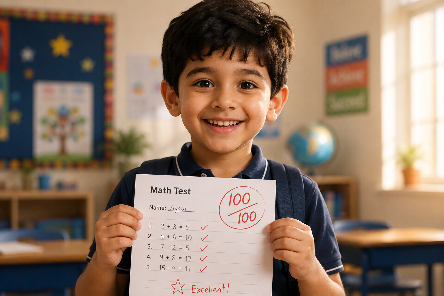 A smiling student holding up a maths test marked 100 out of 100