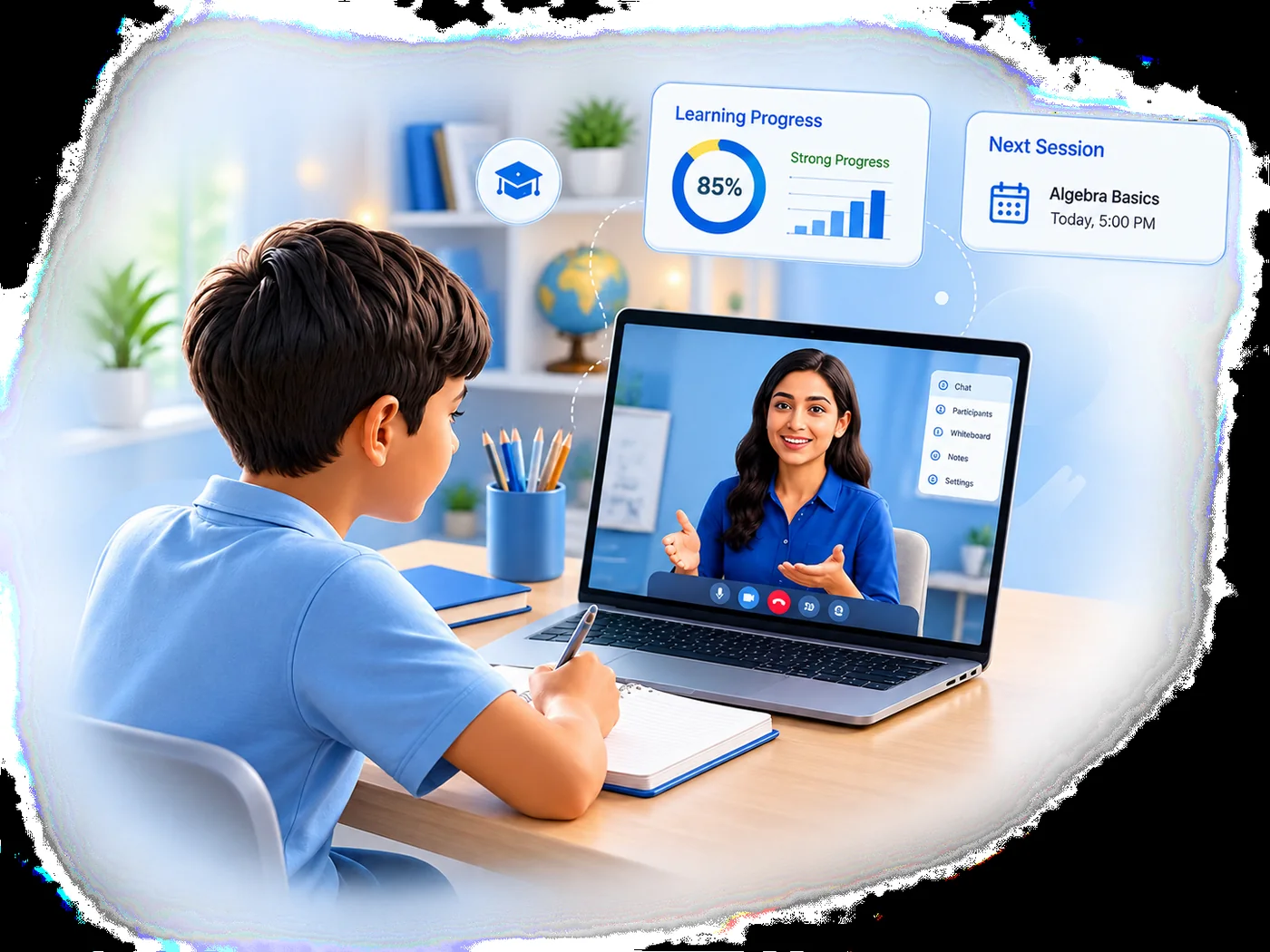 A student learning in a live online tutoring session